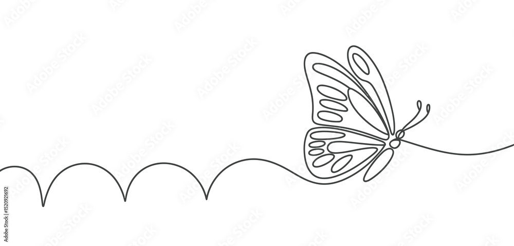 Single Line Drawing of a Butterfly Over Grass Single Line Drawing of a Butterfly Over Grass