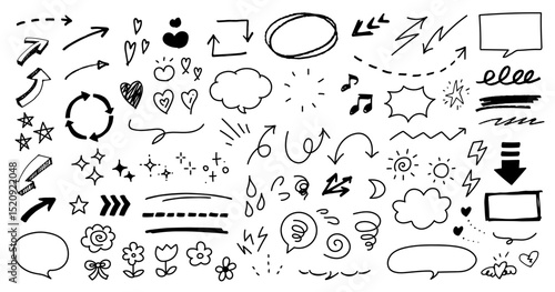手描きの装飾セット。かわいい線画。ふきだし、矢印、星、ハートなど。ペンで描いた感情のアイコン。