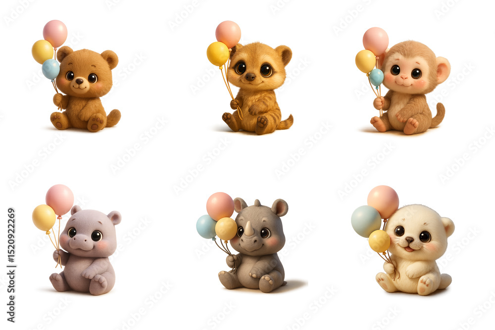 Fototapeta premium Playful 3D Baby Animals with Round Balloons in Pastel Colors