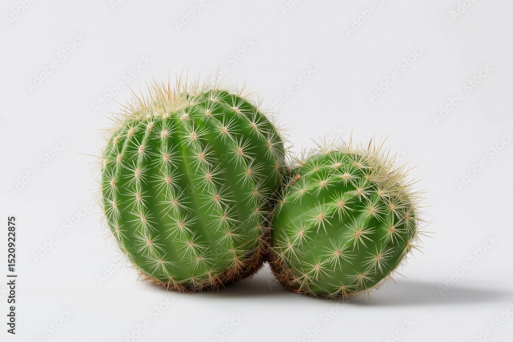 Two green barrel cacti with spines on white background Two green barrel cacti with spines on white background