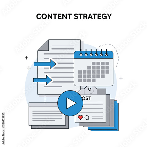 Content Strategy: Modern vector illustration representing the essence of content strategy, with its core elements like documents, the calendar, and video.