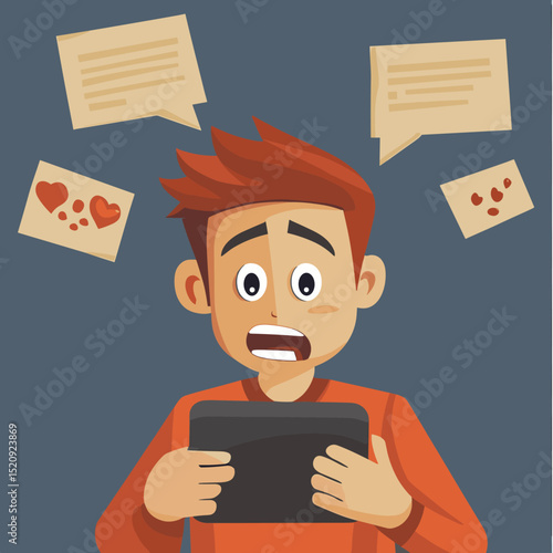 Overwhelmed by Messages: A young man looks shocked and overwhelmed by the many messages and notifications on his tablet.