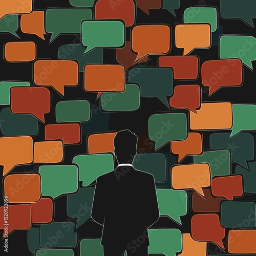 Navigating Conversations: A silhouetted figure stands before a vibrant array of speech bubbles, each holding its own thought, in a visual representation of communication.