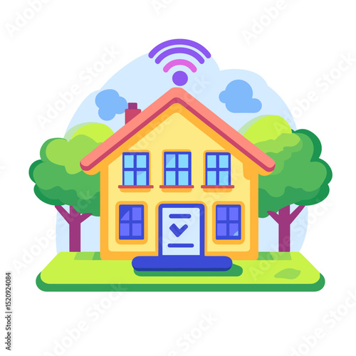 Smart Home Connectivity: A vibrant illustration of a charming house, symbolizing the connected home experience, with a prominent Wi-Fi symbol indicating seamless digital integration. 