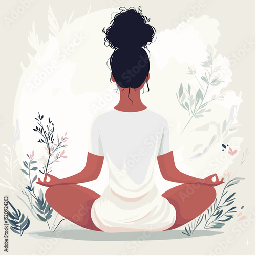 Serene Reflection: A woman meditates, finding inner peace in the stillness, surrounded by the gentle embrace of nature's touch. 
