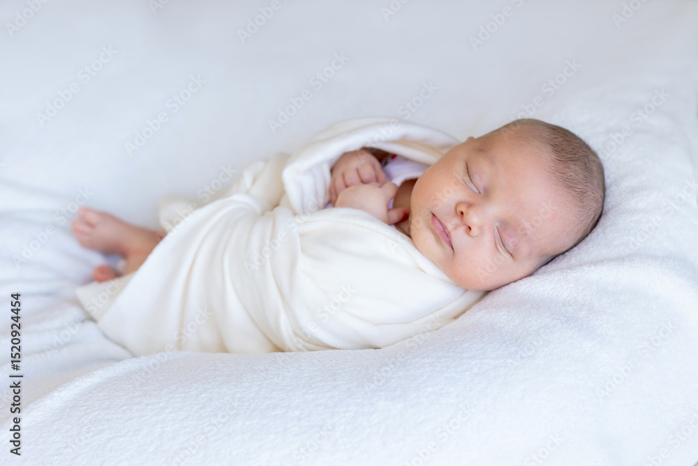 Sweet beautiful baby girl, sleeping in bed with teddy bear, pure colors, infant sleeping Sweet beautiful baby girl, sleeping in bed with teddy bear, pure colors, infant sleeping