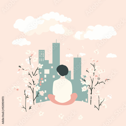 Cityscape Contemplation: A serene individual finds solace in quiet contemplation amidst a blooming cherry blossom garden, gazing upon the city's skyline.