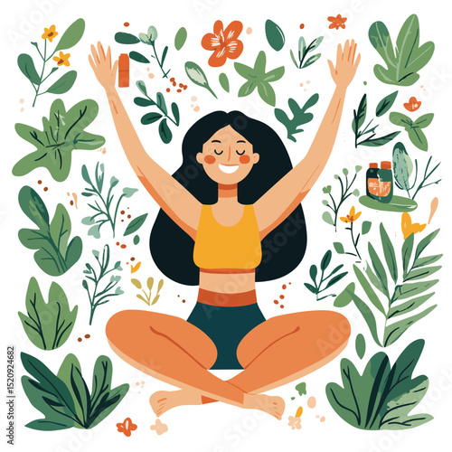 Nature's Embrace: A serene figure finds inner peace surrounded by lush plants, embodying wellness and tranquility, celebrating harmony and the restorative power of nature.