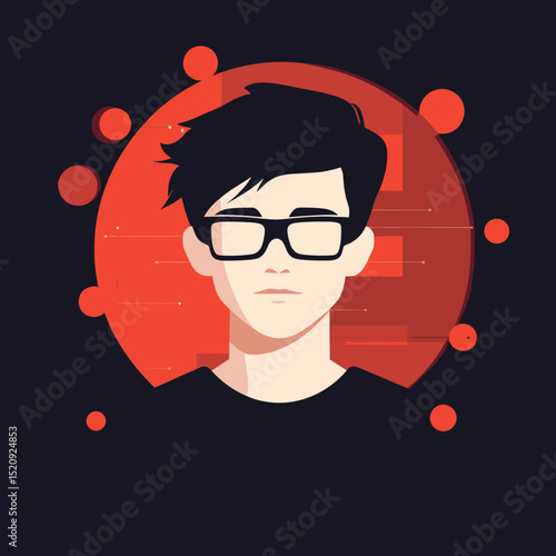 Digital Architect: An artistic depiction of a thoughtful individual in a tech-inspired environment, showcasing an innovative and intellectual character.