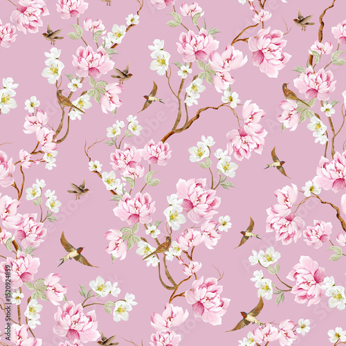 Photography Chinoiserie floral seamless pattern with birds and flowers.