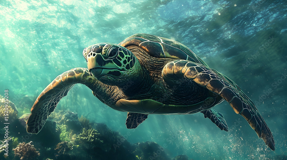 Obraz premium Sea turtle swimming in turquoise water amongst coral reefs.