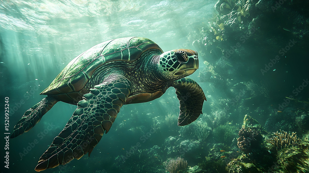 Obraz premium Green sea turtle swimming in coral reef.