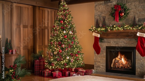 Rustic Christmas Decor Tall Pre-lit Tree with Red and Gold Ornaments, Fireplace Mantel, Wood Accents, Holiday Gifts, Christmas Tree, Fireplace Christmas Decor, Holiday Decorations