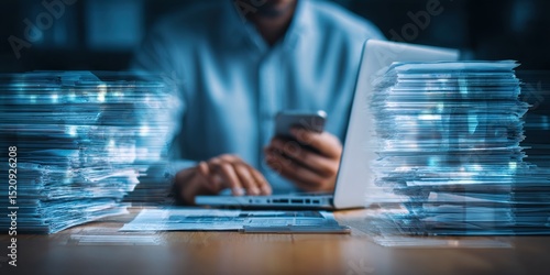 Document management system concept, Businessman using a laptop computer and smartphone at the office after being set up by an IT specialist. Software for corporate file archiving. High quality