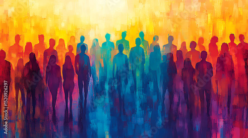 Crowd of people silhouettes in abstract painted style illustrating community diversity and social gathering with vibrant colors depicting collective identity