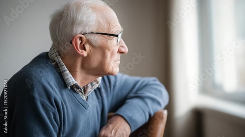 Lonely elderly man looking out window at home
