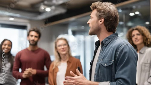 Wallpaper Mural Team leader presenting ideas to coworkers in office
 Torontodigital.ca