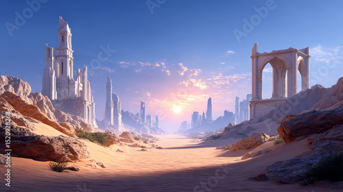 Fototapeta Naklejka Na Ścianę i Meble -  Fantasy desert city in ruins, half-buried in sand after a devastating elemental war