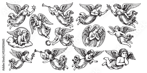 flying woman angel set woodcut engraving vector illustration