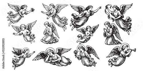 flying woman angel set woodcut engraving vector illustration