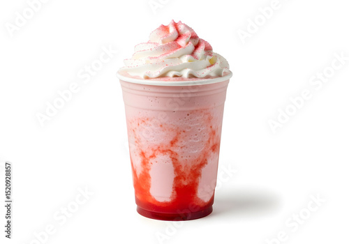 A strawberry and cream flavored drink, such as a frappuccino, latte, or milkshake, served in a to-go cup against a white backdrop.