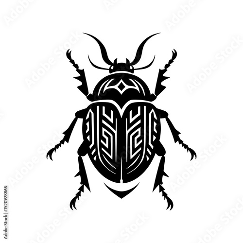 Solid black illustration of a scarab beetle or horned beetle, with intricate engraved or tribal patterns adorning its shell. 