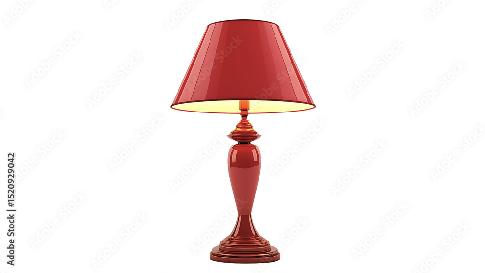 Obraz premium Elegant red table lamp with illuminated shade isolated on black background