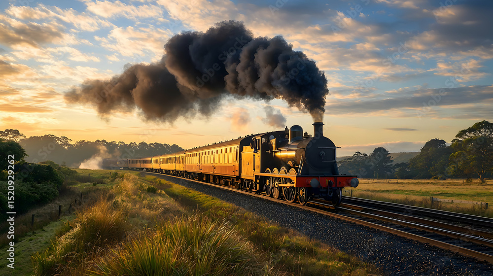 Obraz premium Vintage Steam Train At Sunrise Through Golden Fields