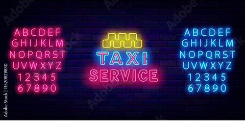 Taxi service neon label. Car delivery. Passenger transportation. Shiny blue and pink alphabet. Vector stock illustration
