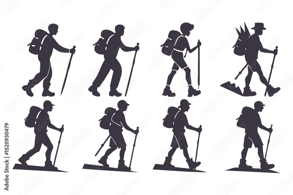 Obraz premium Hiking and trekking silhouette set. male and female hikers with backpacks and poles, perfect for outdoor, travel, and adventure design vector illustration