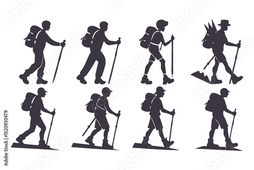 Hiking and trekking silhouette set. male and female hikers with backpacks and poles, perfect for outdoor, travel, and adventure design vector illustration