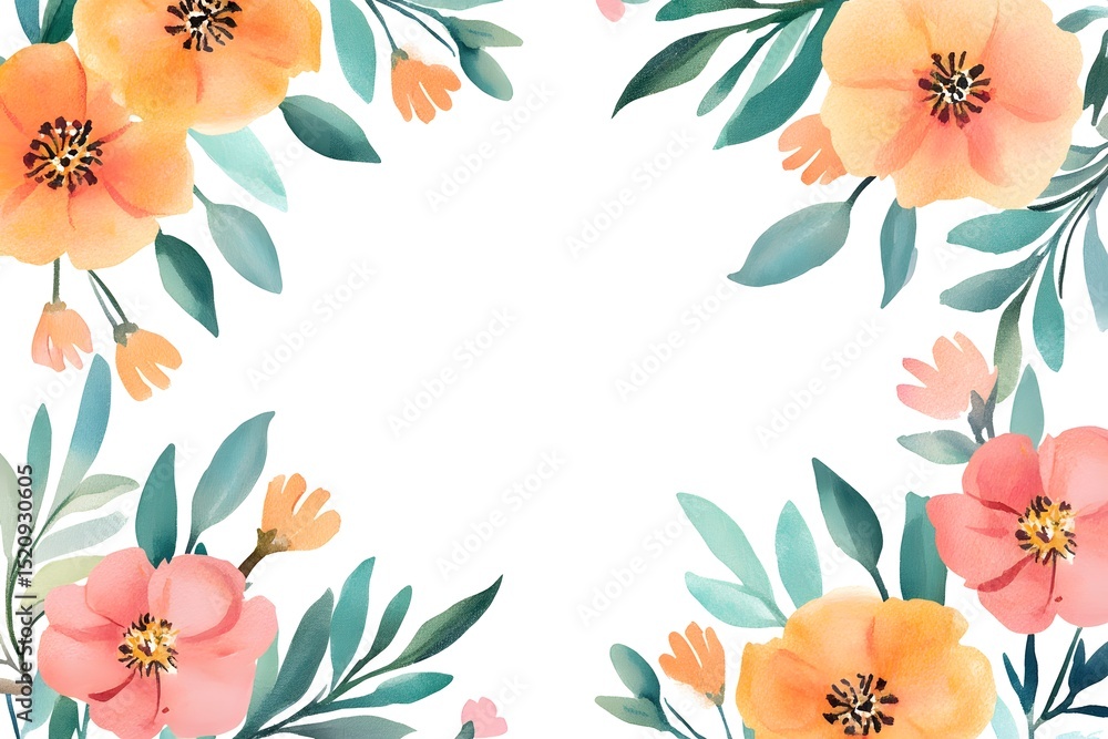 Obraz premium Watercolor wildflower border, white background, with white space on the left and right sides of the design. 