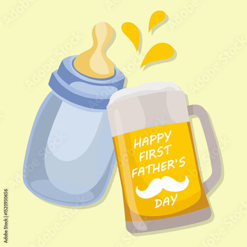 Happy first father's day greeting card Beer and baby pacifier