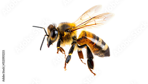 A detailed bee with striking yellow and black stripes, showcasing intricate wings and antennae