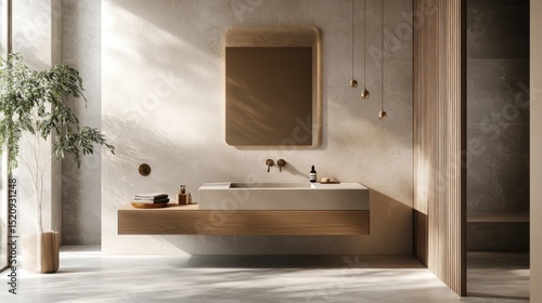 Modern bathroom interior design with natural light and warm tones.