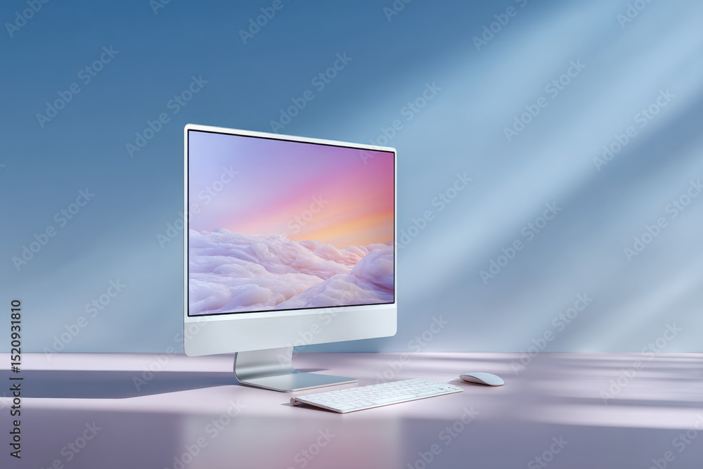 Fototapeta premium Modern desktop computer showing cloudscape wallpaper on pink desk