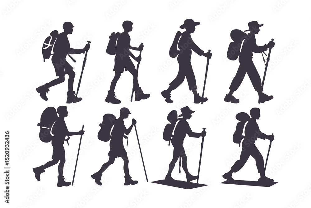 Obraz premium Hiking and trekking silhouette set. male and female hikers with backpacks and poles, perfect for outdoor, travel, and adventure design vector illustration