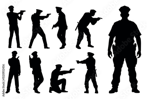Set of policeman silhouette vector on white background, officer.