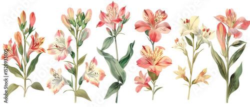 Botanical Alstroemeria Lilies In A Vintage Watercolor Illustration. Perfect For Backgrounds, Stationery, Or Elegant Spring And Summer Design Elements.