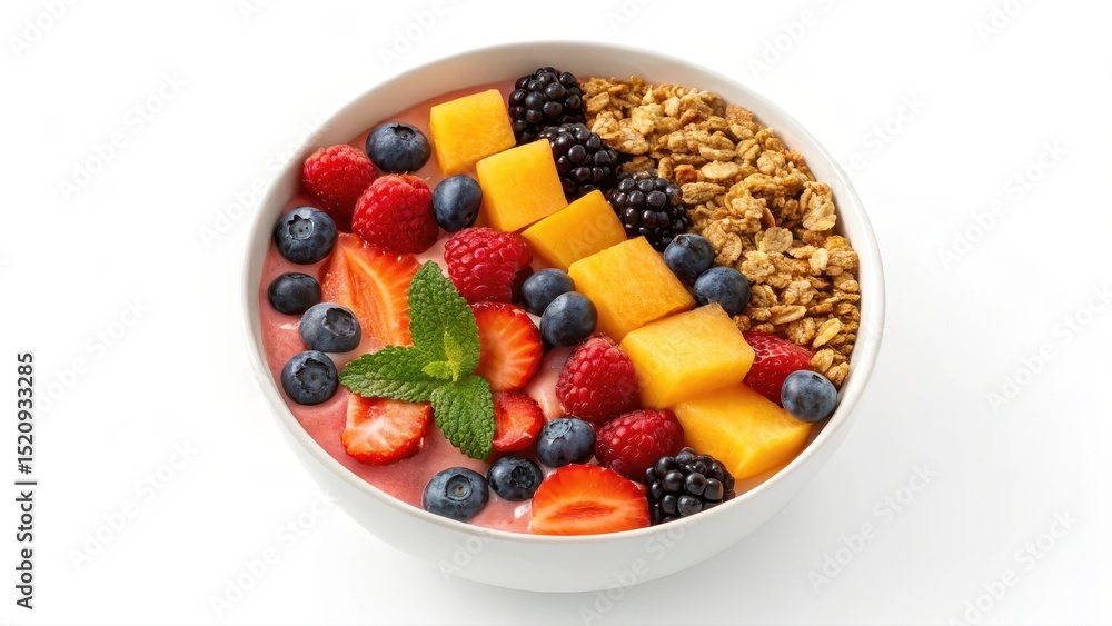Colorful smoothie bowl topped with fresh fruits, granola, and mint leaves. Colorful smoothie bowl topped with fresh fruits, granola, and mint leaves.