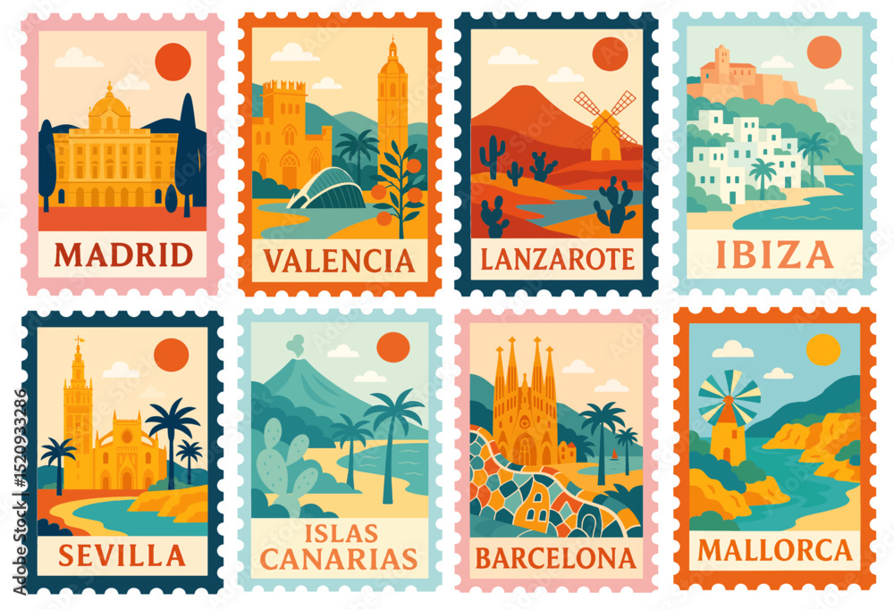 Fototapeta premium SET OF SPAIN STAMPS ILLUSTRATION (MADRID, VALENCIA, BARCELONA, SEVILLA, IBIZA, MALLORCA, ISLAS CANARIAS, LANZAROTE)