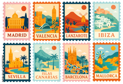 SET OF SPAIN STAMPS ILLUSTRATION (MADRID, VALENCIA, BARCELONA, SEVILLA, IBIZA, MALLORCA, ISLAS CANARIAS, LANZAROTE)