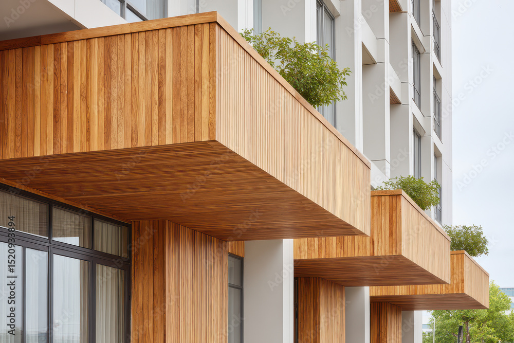 Fototapeta premium closeup view of modern wooden building facades emphasizing clean lines and light shades