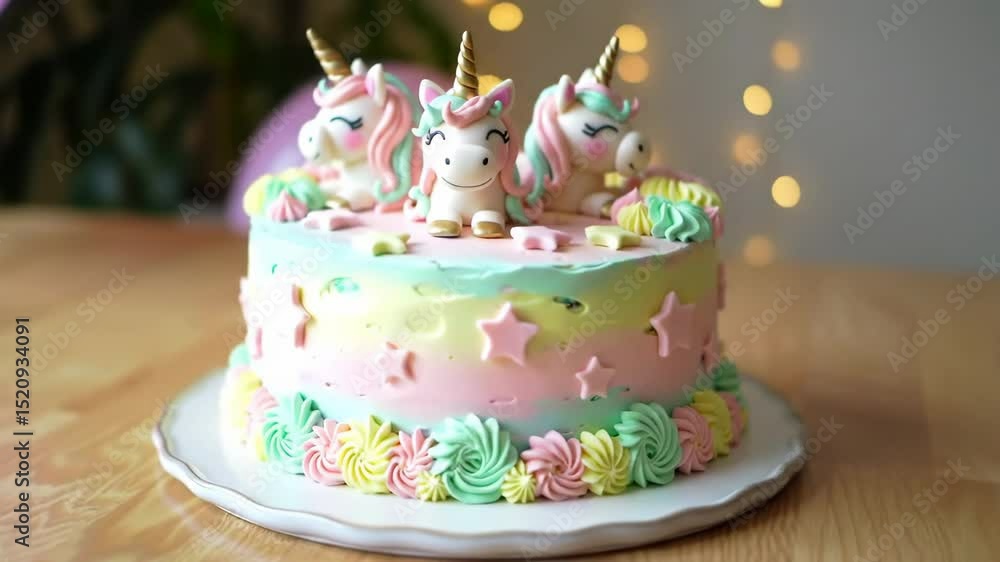 Cinematic orbit of pastel unicorn cake with fondant toppers, piped buttercream, and magical party setting Cinematic orbit of pastel unicorn cake with fondant toppers, piped buttercream, and magical party setting