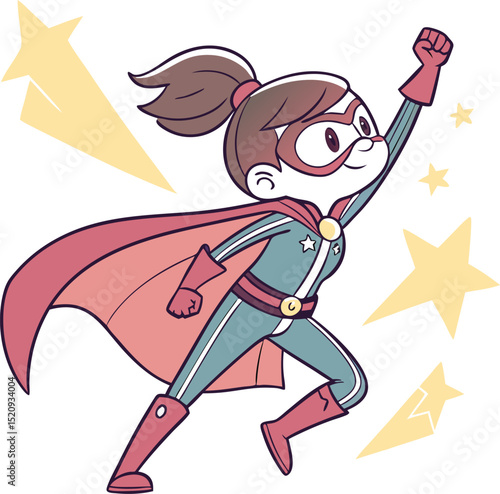 "Cute Superhero Girl Cartoon with Stars and Cape"