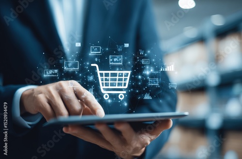 Businessman uses digital tablet to manage ecommerce marketplace. Interacts with virtual shopping cart, sales data. Plan for retail expansion, online store growth underway. Business tech key for