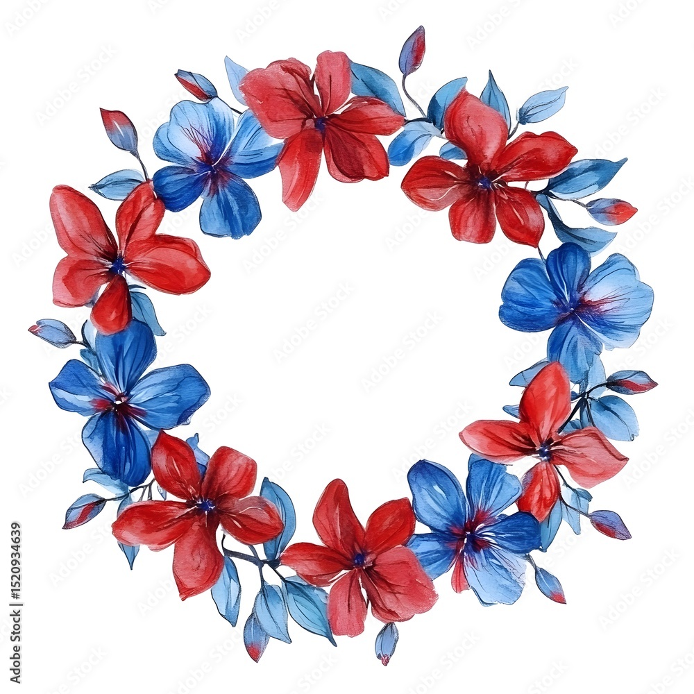 Obraz premium Watercolor wreath with flowers in red and blue colors, on a plain blank white background. 