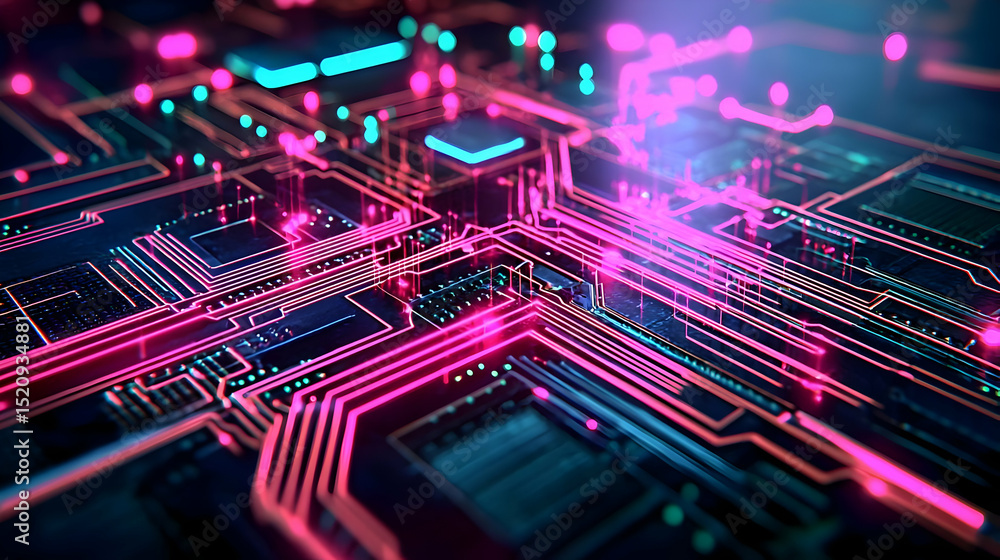 Fototapeta premium Abstract Circuit Board Design With Pink And Turquoise Neon Lights