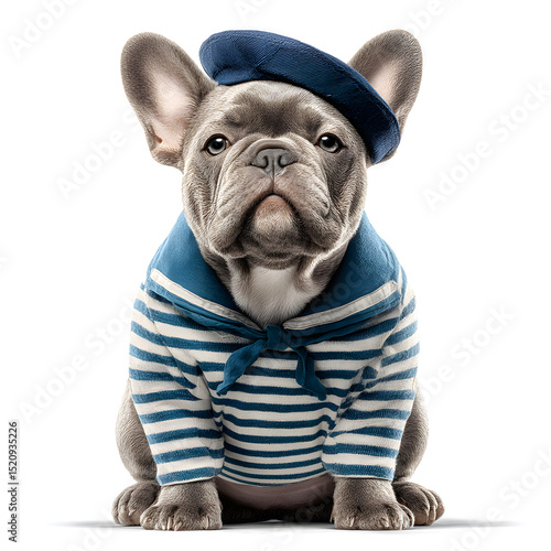 A stylish French Bulldog in a blue beret and striped shirt sits confidently, brimming with personality