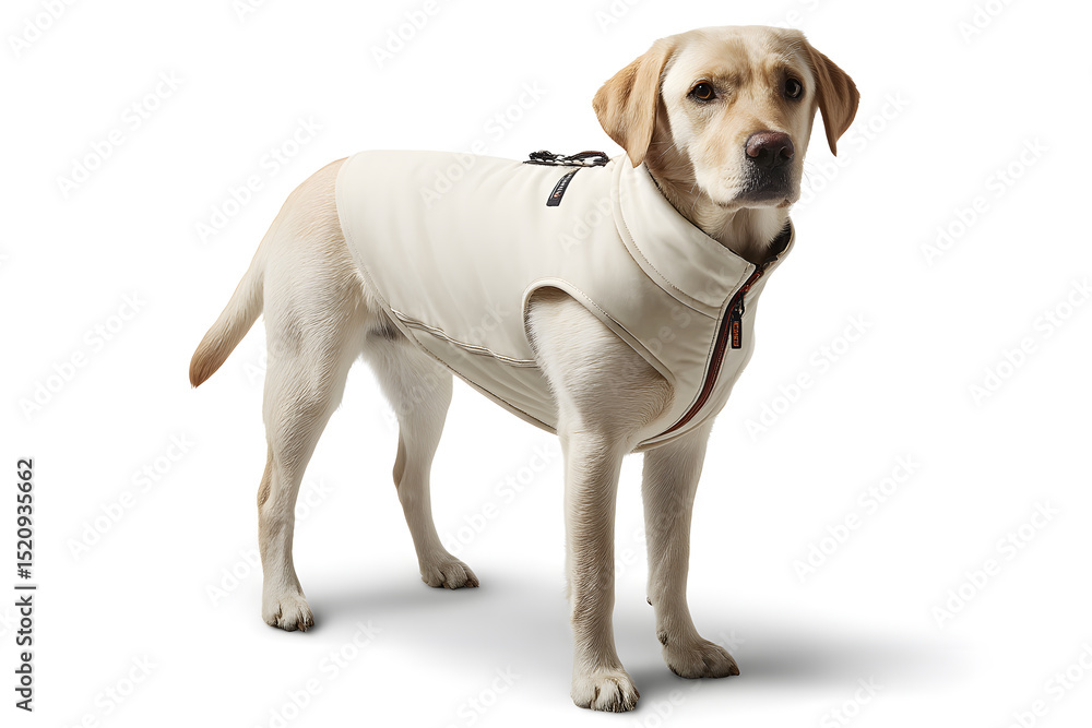 Fototapeta premium A Labrador dog is wearing a stylish light jacket, looking directly at the camera with a calm expression in a studio